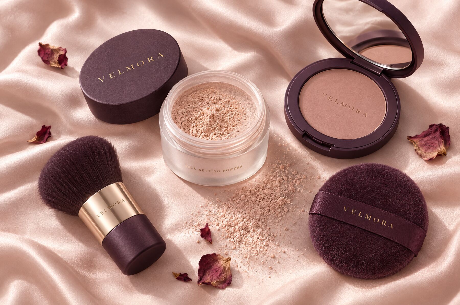 The Velmora Ritual on blush silk: loose powder jar, mirrored compact, kabuki brush and velvet puff