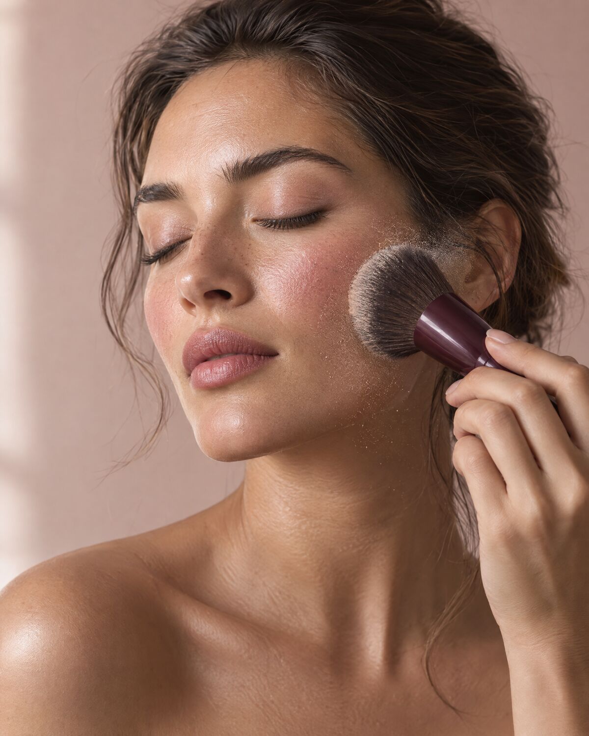 Woman with closed eyes applying Velmora powder to her cheekbone with a kabuki brush