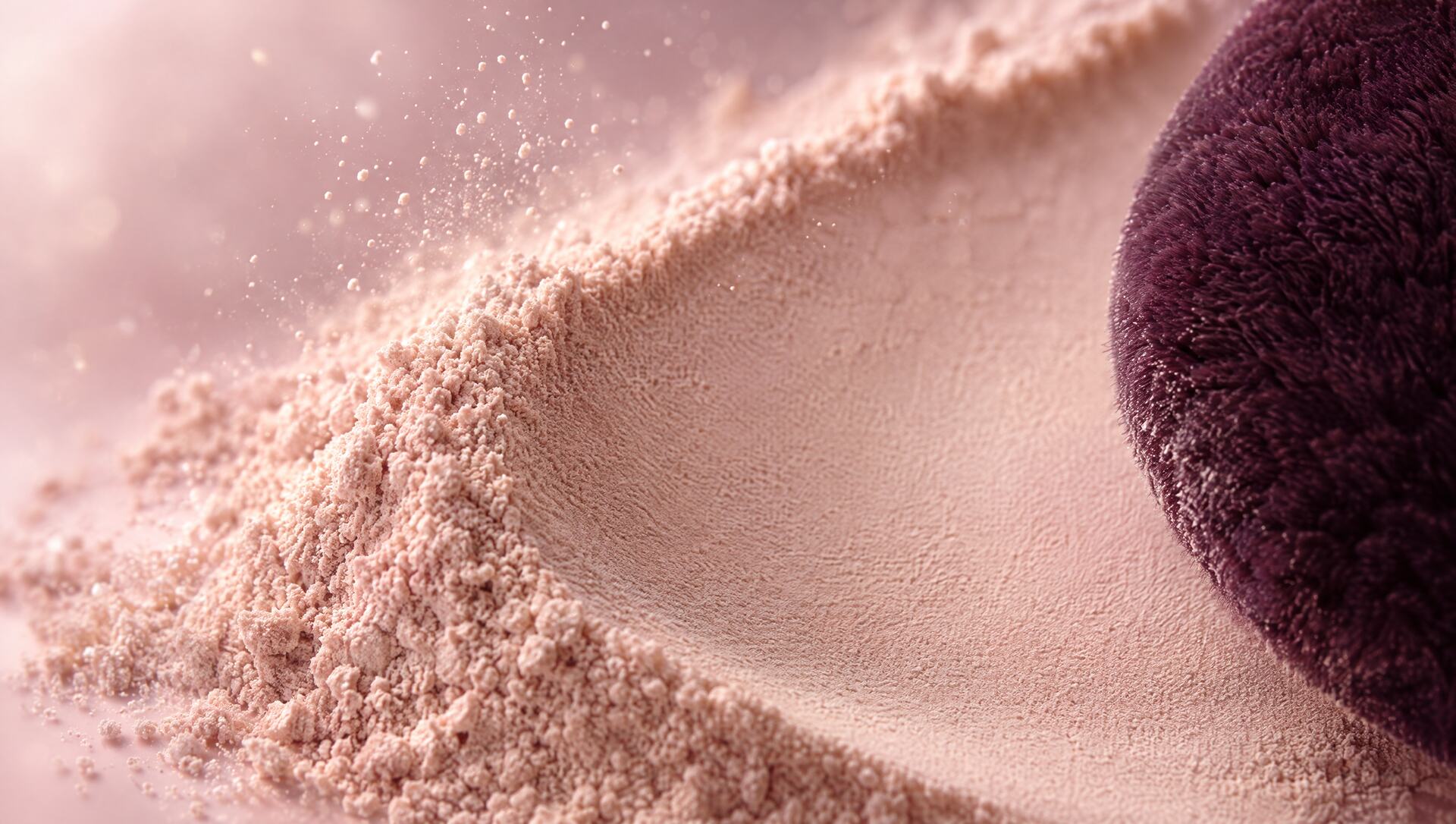 Macro shot of Velmora loose powder, its ultra-fine texture beside a mulberry velvet puff